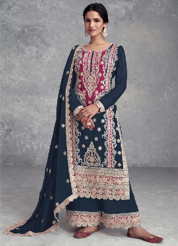 Instant Discount Dark Blue Embroidered Festive Palazzo Suit