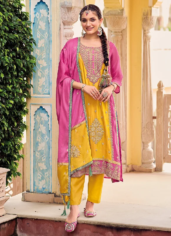 Sneak Peek Sale Pink And Yellow Multi Embroidery Punjabi Style Salwar Suit