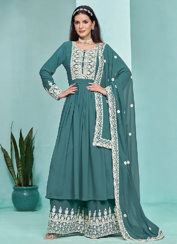Don't Wait Turquoise Thread Embroidery Pleated Anarkali Palazzo Suit