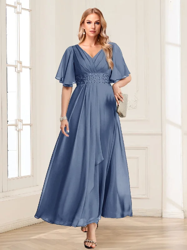 Limited Quantity A-Line/Princess V-Neck Short Sleeves Mother of the Bride Dresses with Ruffles Limited Quantity A-Line/Princess V-Neck Short Sleeves Mother of the Bride Dresses with Ruffles