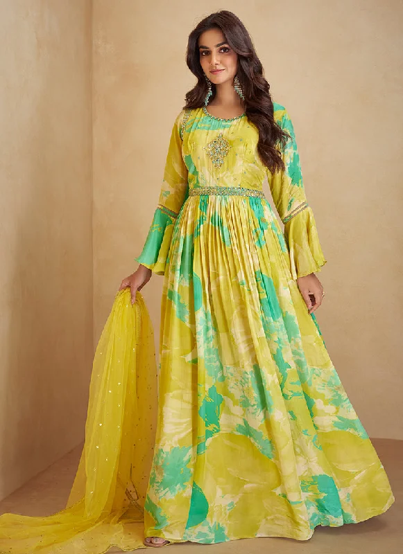 Crazy Deals Yellow Floral Printed Handwork Embroidered Anarkali Gown