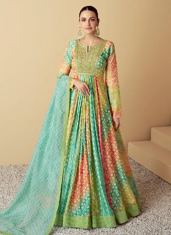 One-DAY Sale Teal And Green Multi Embroidery Festive Anarkali Gown