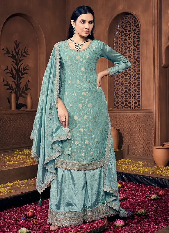 Closeout Turquoise Golden Embroidery Festive Palazzo Suit