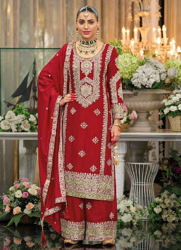 Unbeatable Prices Bridal Red Traditional Embroidery Chinnon Palazzo Suit