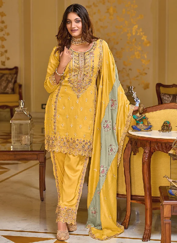 Savings Galore Yellow Multi Embroidery Traditional Pant Style Suit