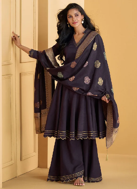 Huge Discounts Deep Purple Embroidery Short Anarkali Style Palazzo Suit