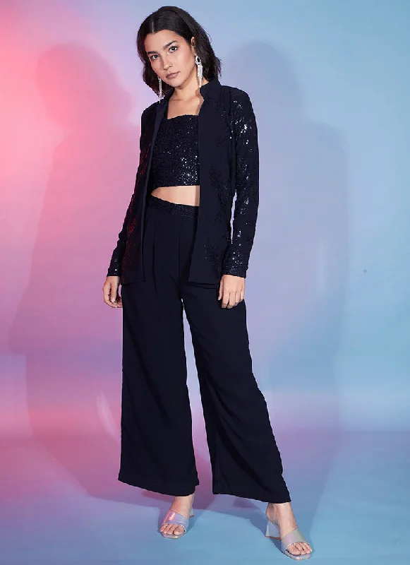 Hurry In Navy Blue Sequence Embellished Co-Ord Style Pant Suit