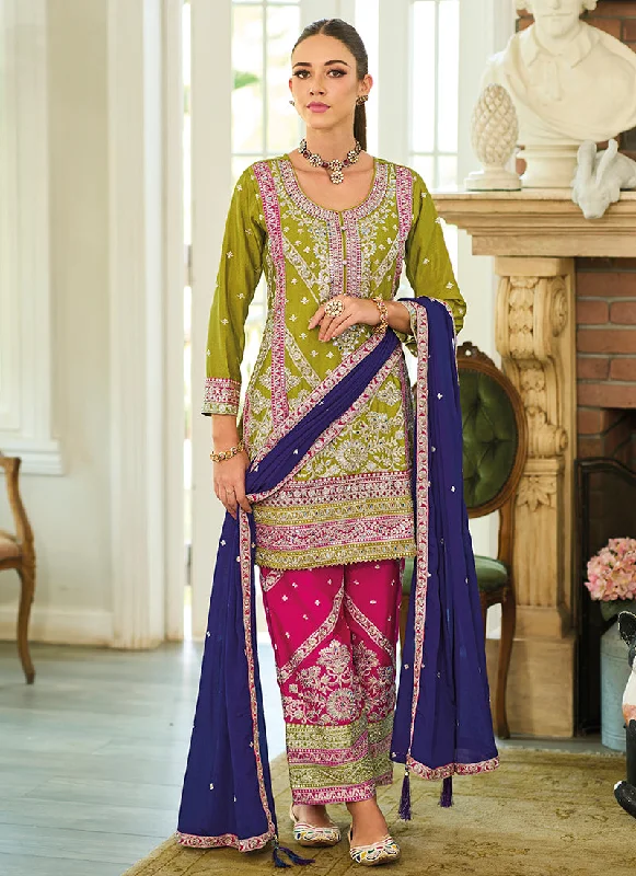 Extra Discounts Green And Pink Multicolored Embroidery Palazzo Style Suit
