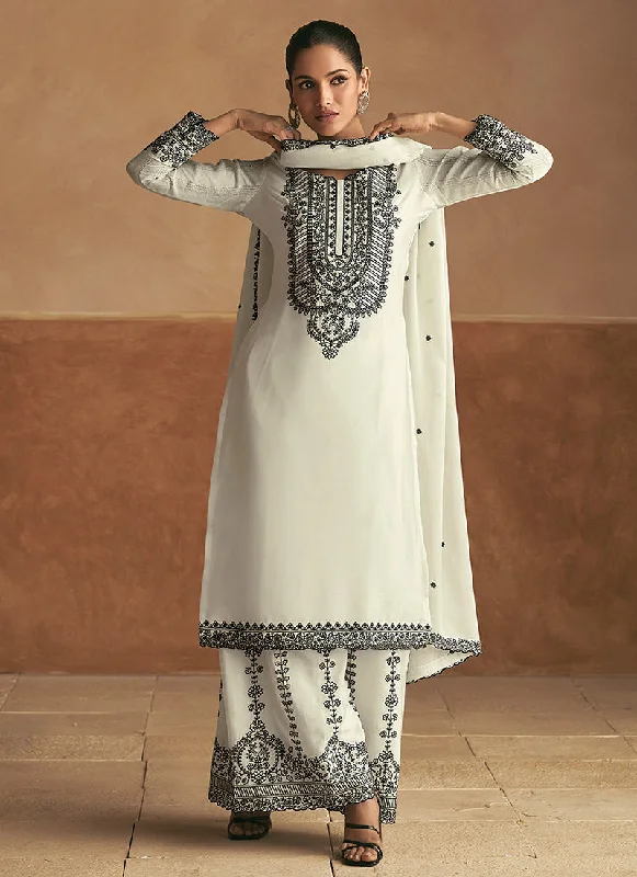 Instant Discount White Thread Embroidery Palazzo Style Suit
