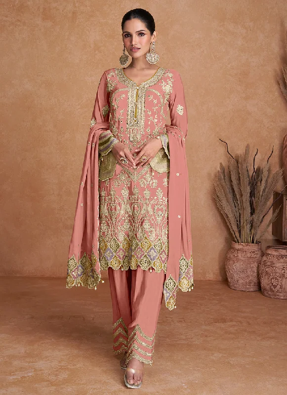 Blowout Deals Peach Multi Embroidery Traditional Pant Style Suit