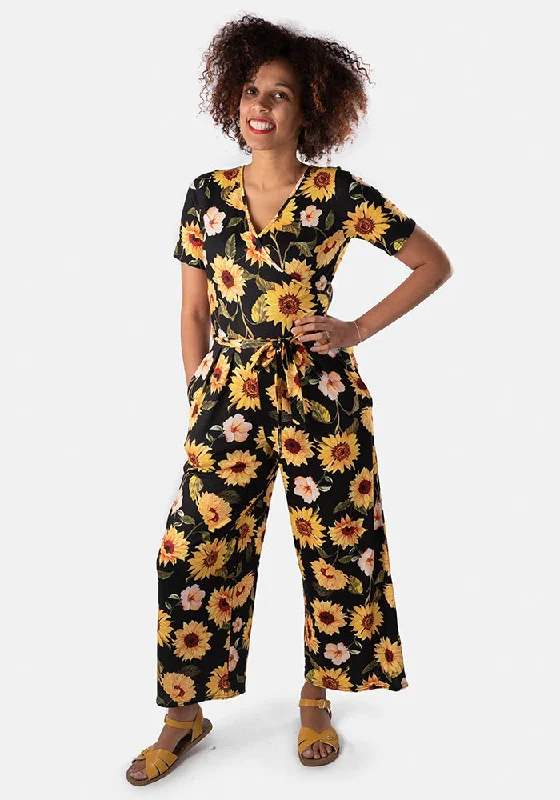 Super Sale Precious Large Sunflower Print Culotte Jumpsuit