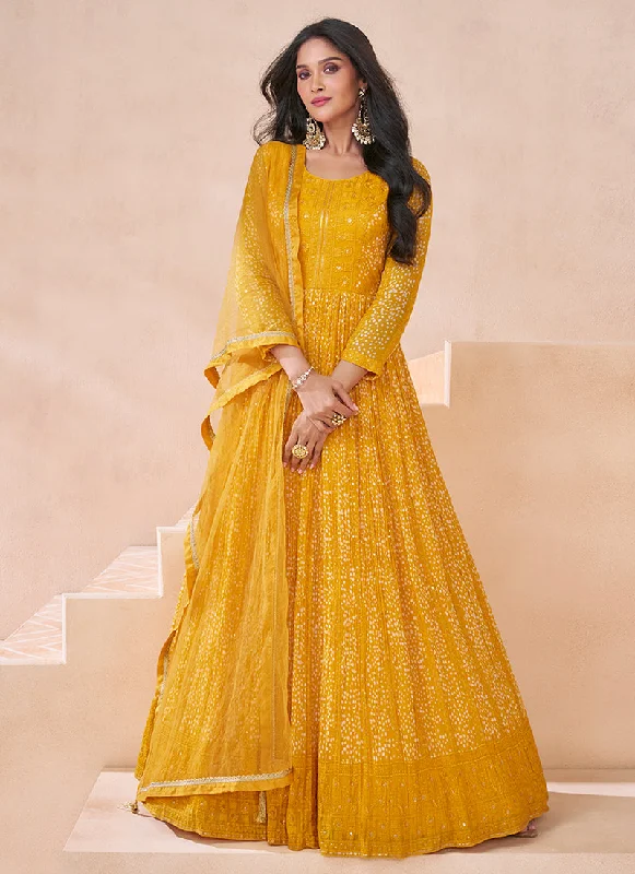 Deal Dash Yellow Wedding Embroidered Anarkali Gown Dress