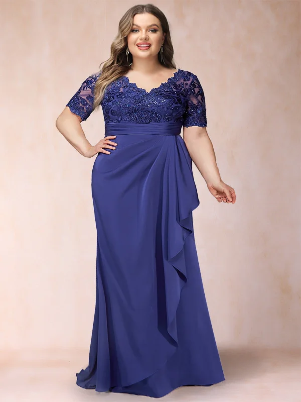 Weekend Flash Sale Sheath/Column V-Neck Short Sleeves Plus Size Mother of the Bride Dresses with Appliques & Ruffles Weekend Flash Sale Sheath/Column V-Neck Short Sleeves Plus Size Mother of the Bride Dresses with Appliques & Ruffles