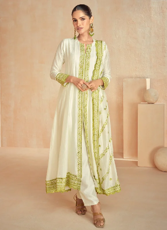 Discount Extravaganza Off White And Green Embroidery Slit Style Silk Anarkali Suit