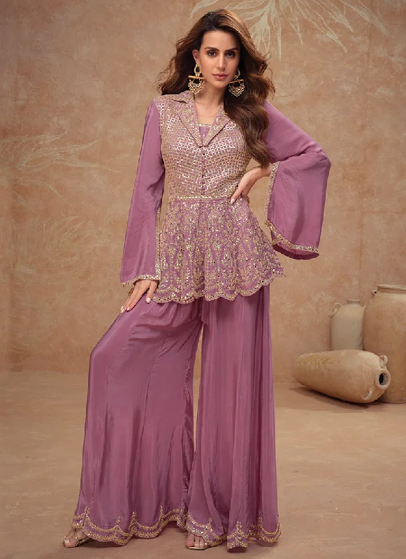 The Best Prices Mauve Purple Embroidery Peplum Style Pant Suit