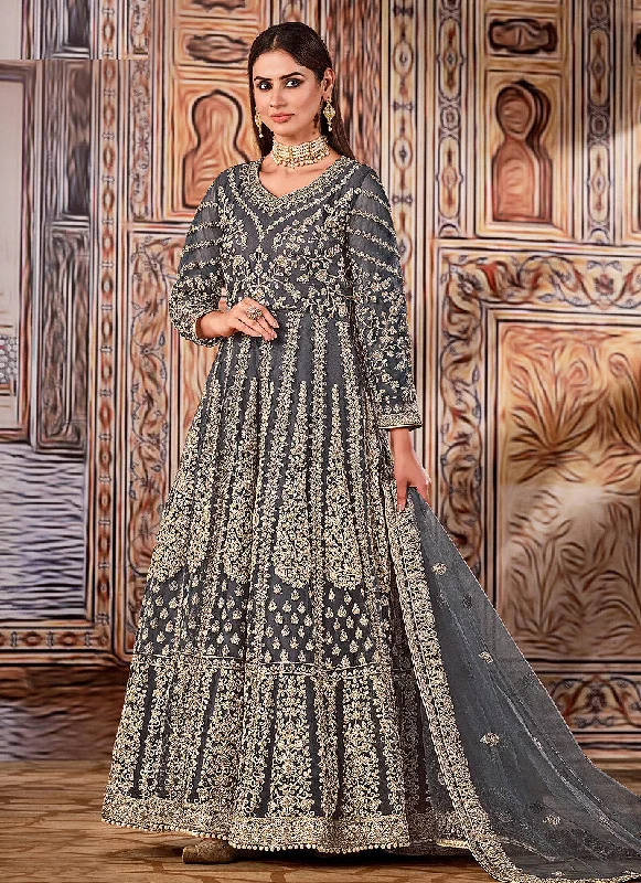Value Deals Deep Grey Embroidered Wedding Anarkali Suit