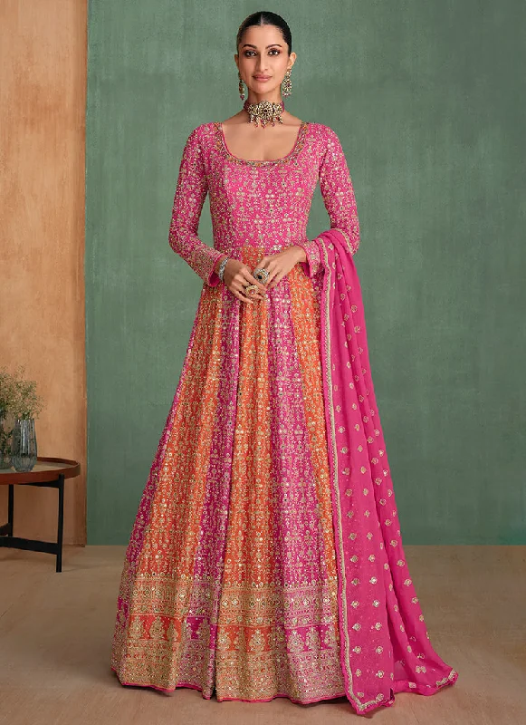 Seasonal Sale Pink And Orange Embroidery Anarkali Gown