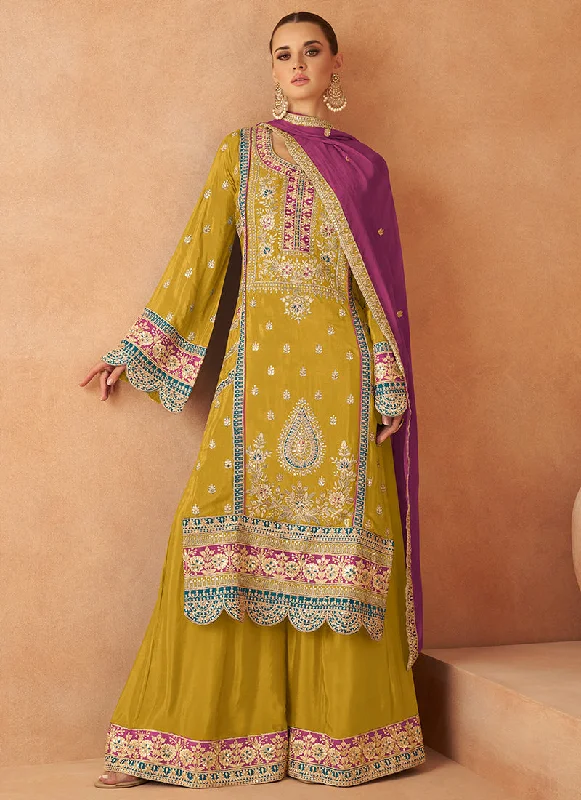 Special Price Yellow And Magenta Multi Embroidery Palazzo Suit
